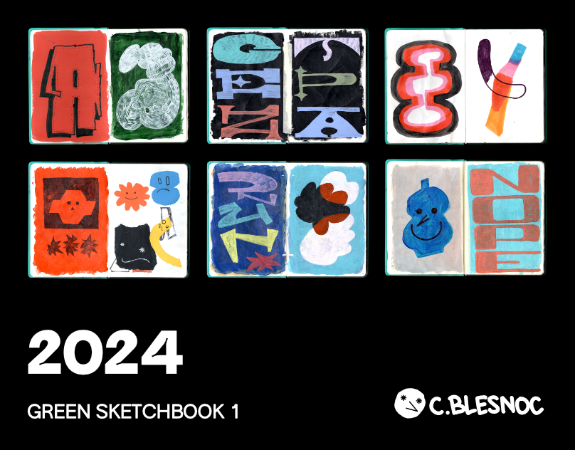 An illustration showcasing contemporary abstract art pages from a sketchbook. Each page displays unique, colorful designs, including text like NOPE. The bottom text reads 2024 GREEN SKETCHBOOK 1, accompanied by a logo and the name C.BLESNOC.